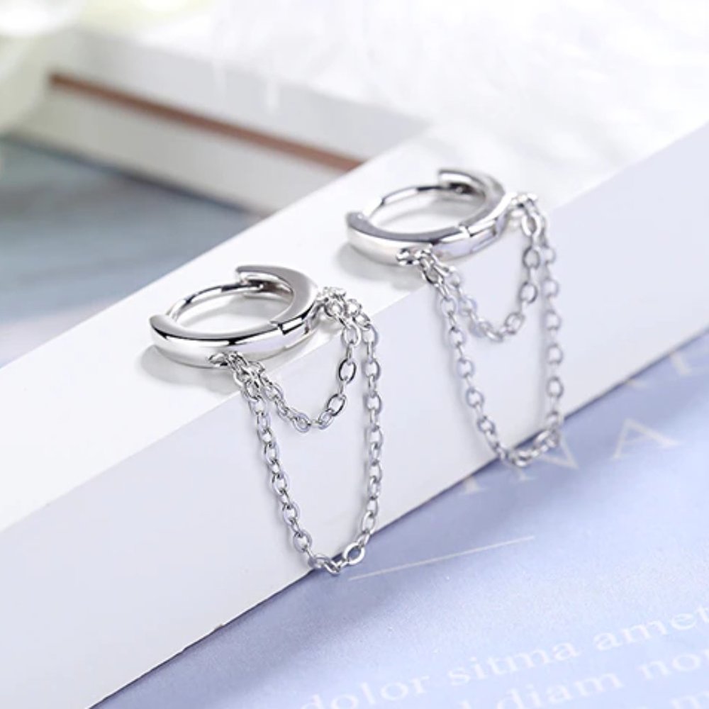 NEW Silver Gold Punk Style Double Layer Chain Hoop Earring - Picture 5 of 7